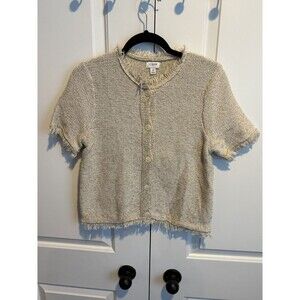 J Crew Women’s Fringe Lady Cardigan Sweater S Button Front Beige Cotton Short